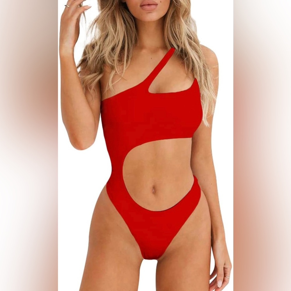 Red One Shoulder Cut Out Monokini Swimsuit Sexy Bathing Suit Medium‎